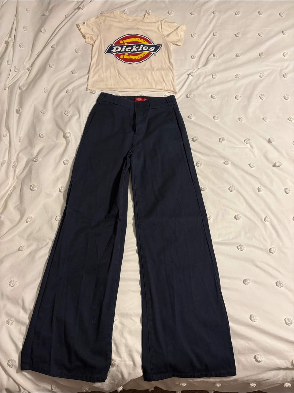 Dickies Cream Logo Tee with Navy Wide-Leg Pants